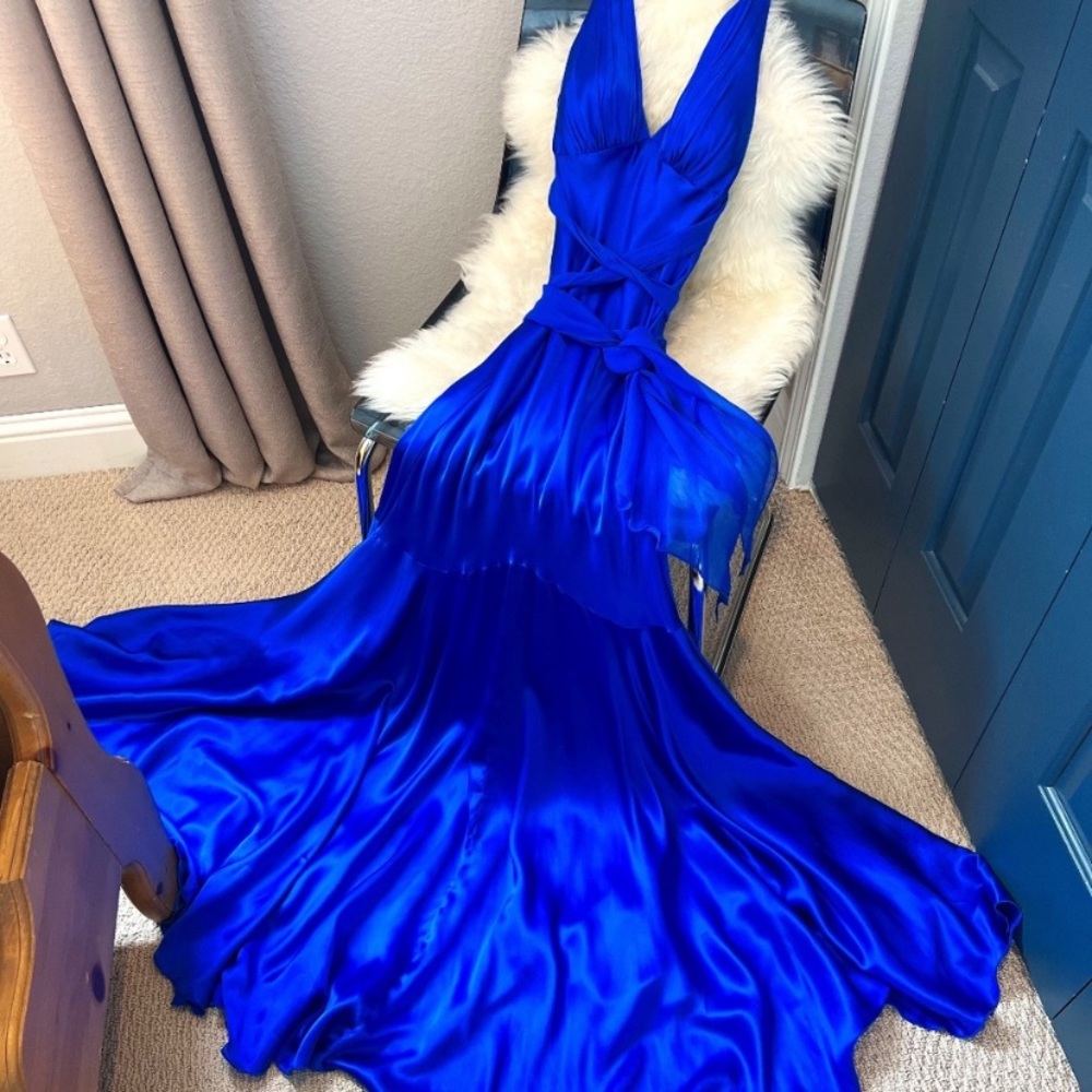 Vintage Y2K 100% Silk Dress Backless Silk Maxi Dress Blue Halter Prom Wedding